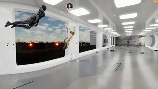 Drones in flight beside the arena windows