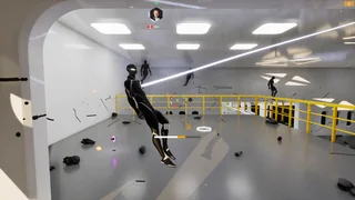 A drone firing a beam across the upper walkway